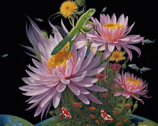 Surrealist Oil Painting of Iguana and Colorful Flowers
