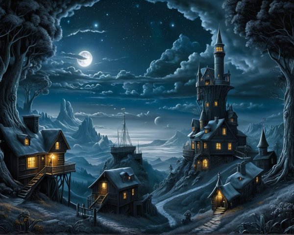 Mystical Night Scene with Tower and Quaint Houses