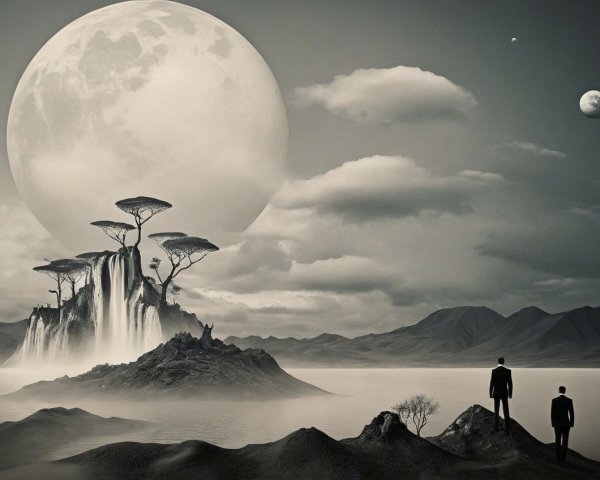 Surreal Landscape with Figures and Celestial Bodies