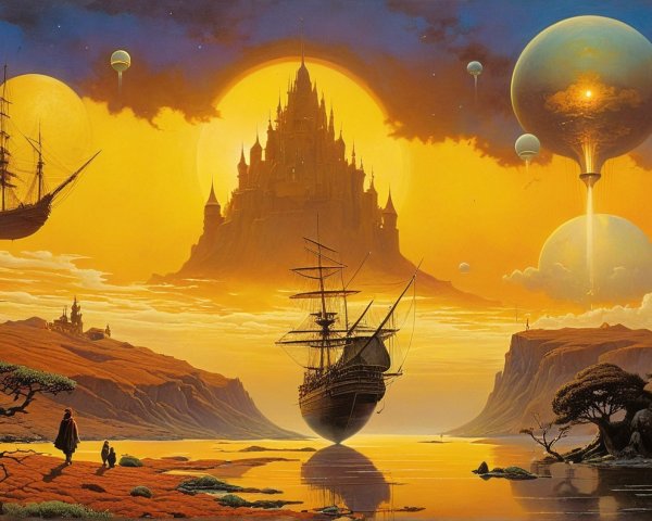Surreal Landscape with Ships, Castle, and Celestial Skies