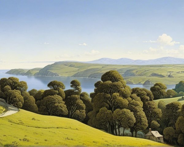 Tranquil Village Landscape with Hills and Lake