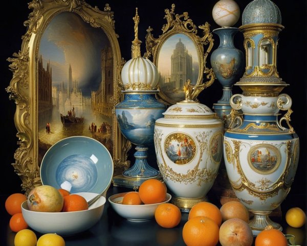 Elegant Still Life with Porcelain Vases and Fruit