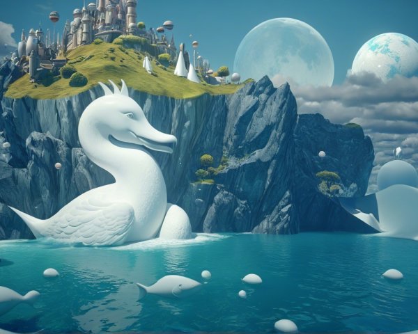 Whimsical Landscape with Swan Sculpture and Castle