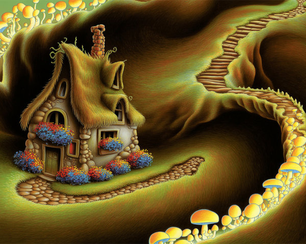 Whimsical Stone Cottage Surrounded by Glowing Mushrooms