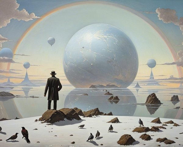 Figure on Rocky Shore with Luminous Planet and Rainbow
