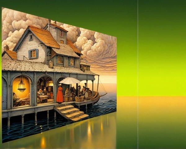 Whimsical Waterfront Scene with Sunset and Activities