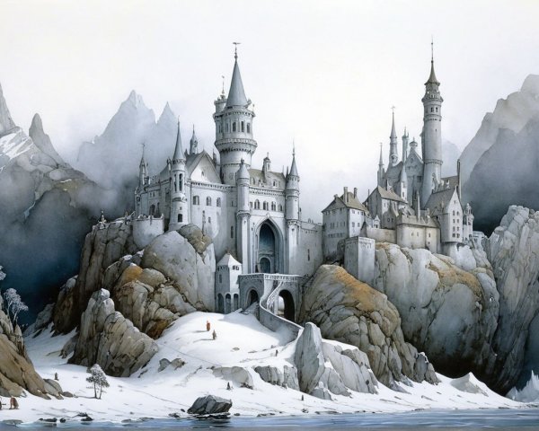 Majestic Castle on Rugged Cliffs with Snowy Mountains
