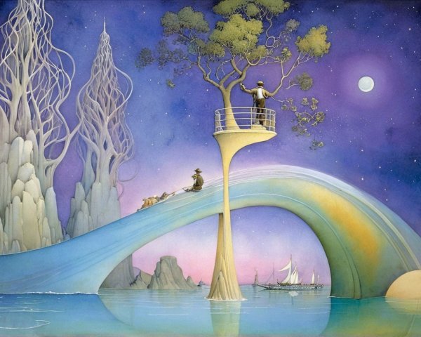 Surreal Landscape with Twisted Structures and Moonlit Sea