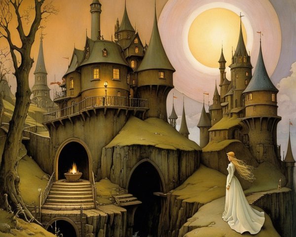 Whimsical Dreamlike Landscape with Fairy-Tale Castles