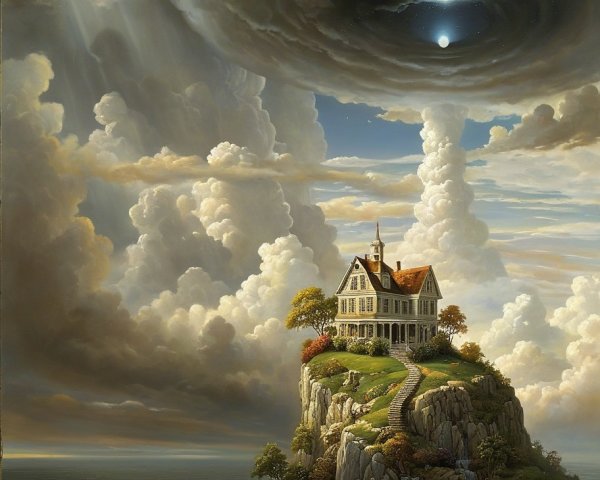 Majestic house on rocky outcrop by calm sea