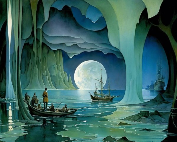 Surreal Landscape with Figures in a Boat and Moonlight