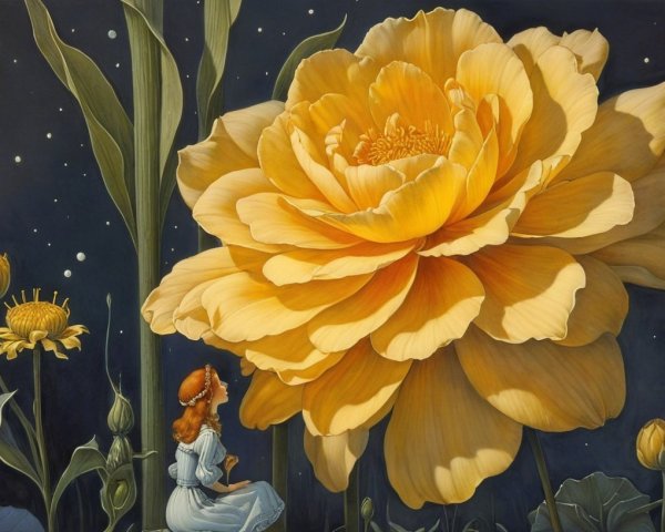 Young girl admires giant golden flower at night
