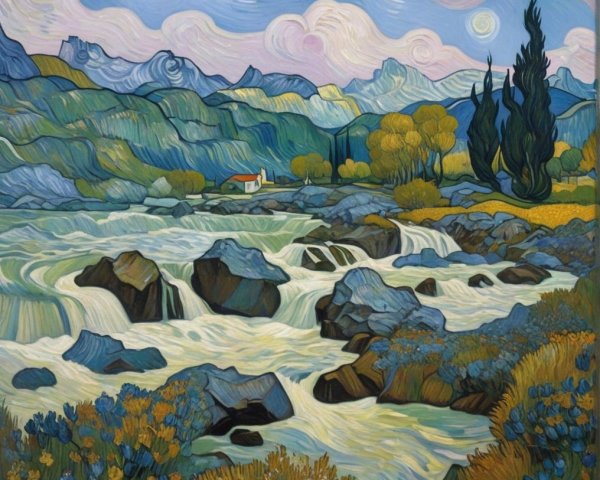Vibrant Landscape with Cascading Water and Mountains