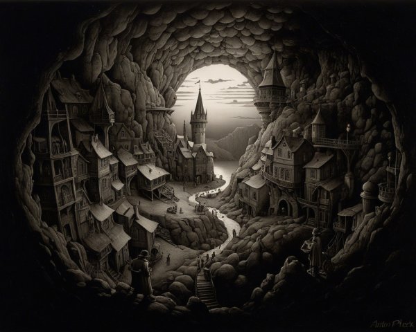 Fantastical Underground City with Intricate Stone Structures