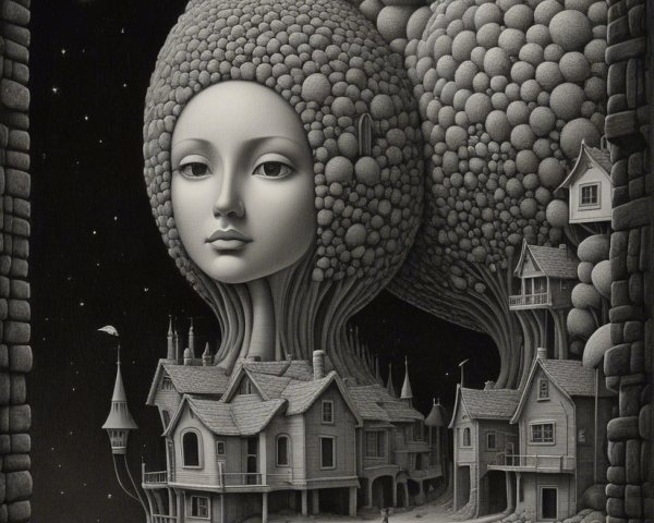 Surreal landscape with whimsical houses and giant trees