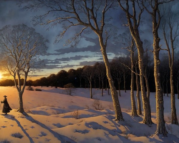 Serene winter landscape at dusk with snowy field