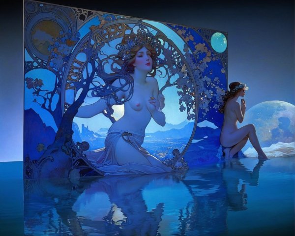 Ethereal Scene with Figures and Vibrant Backdrop