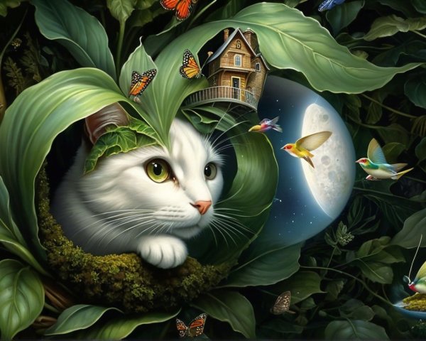White Cat Among Green Leaves and Colorful Wildlife