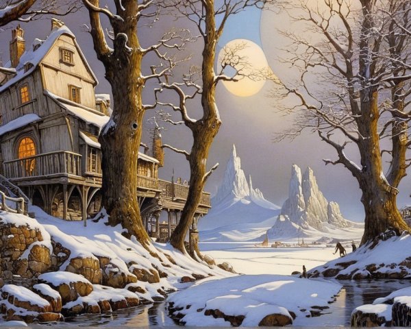 Serene Winter Landscape with Snow-Covered Village