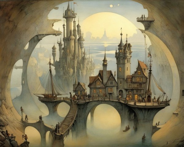 Whimsical Landscape with Castles and Ornate Bridges
