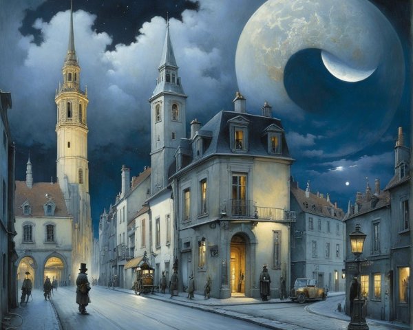 Mystical Night Scene in a Cobblestone Street