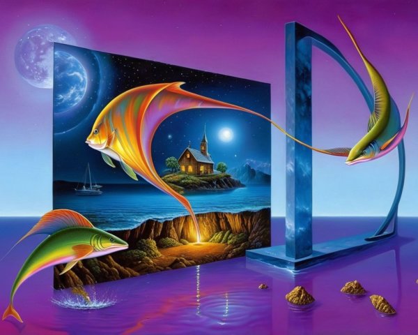 Ethereal Landscape with Oversized Fish and Portal