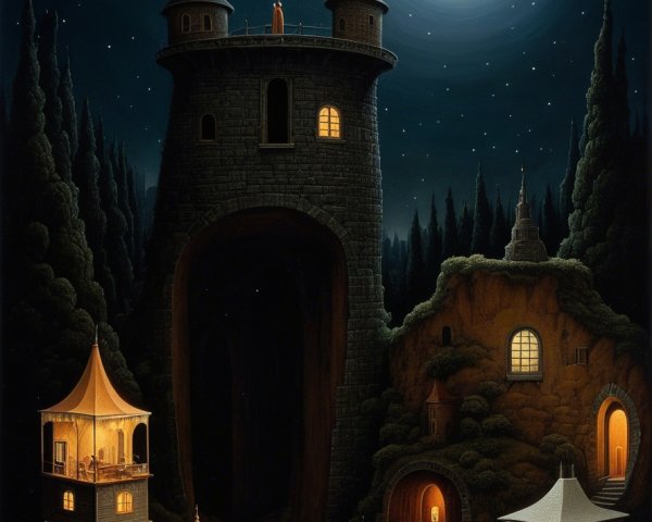 Ancient Castle Tower and Church in Lush Forest at Night