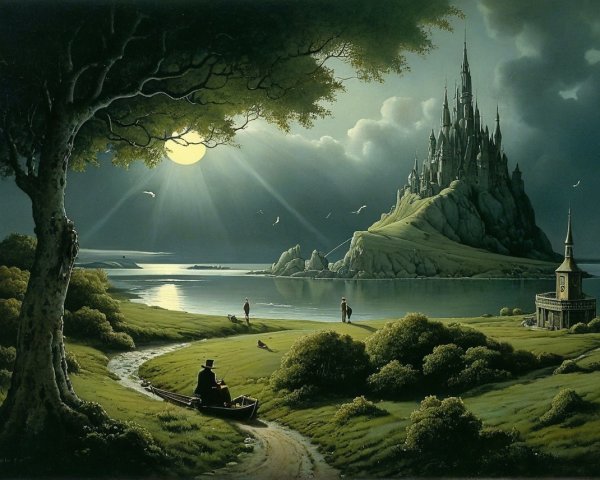Tranquil Lake Landscape with Moonlit Sky and Castle
