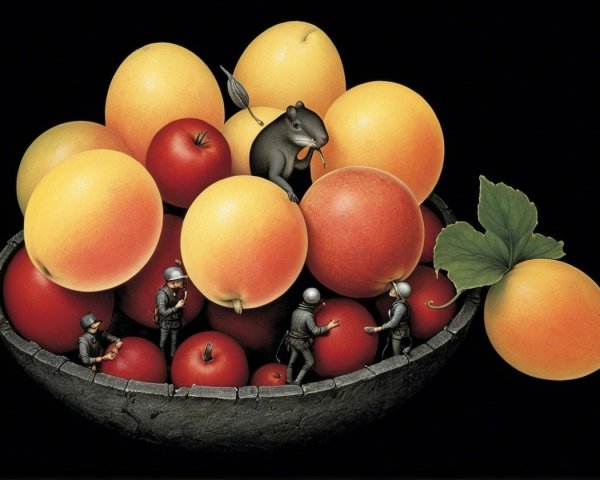 Whimsical Bowl of Colorful Fruits with Miniature Figures
