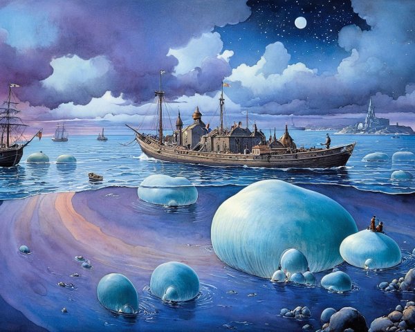 Whimsical Seascape with Twilight Sky and Floating Objects