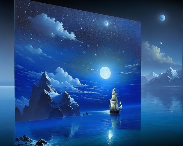 Serene Night Scene with Sailing Ship and Mountains