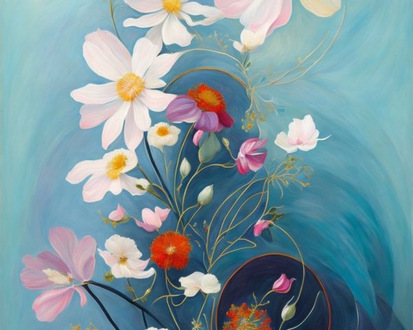 Delicate pink, white, and red flowers on golden stems against a soft blue backdrop