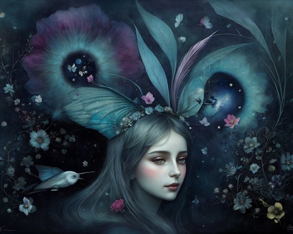 Surreal portrait of woman with butterfly wings in dark floral setting