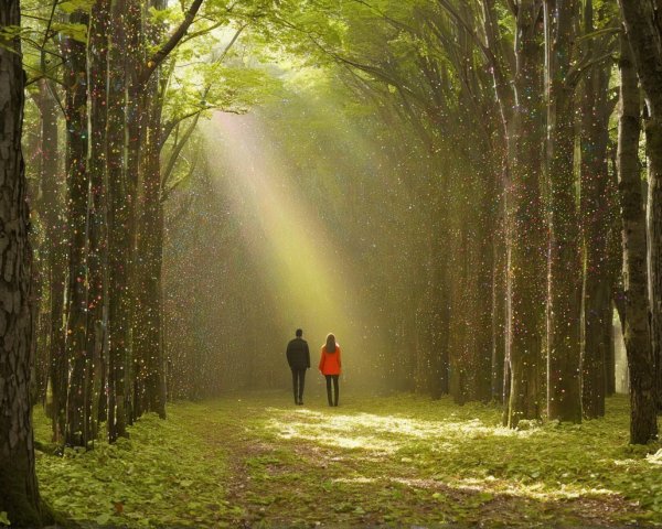 Serene forest path with illuminated trees and figures