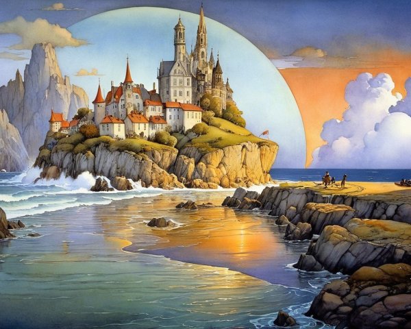 Medieval Castle on Rocky Island in Fantasy Landscape