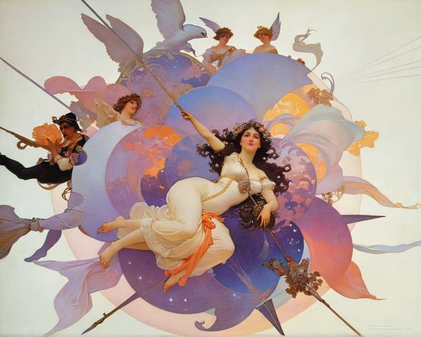 Fantastical Scene with Ethereal Beings and Colors