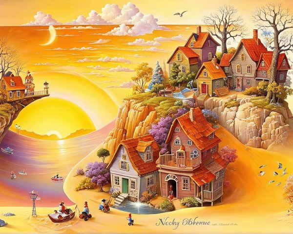 Vibrant Sunset Over Whimsical Cliffside Landscape