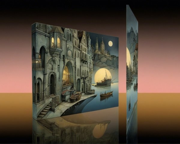 Surreal Twilight Waterfront Landscape with Luminous Moon