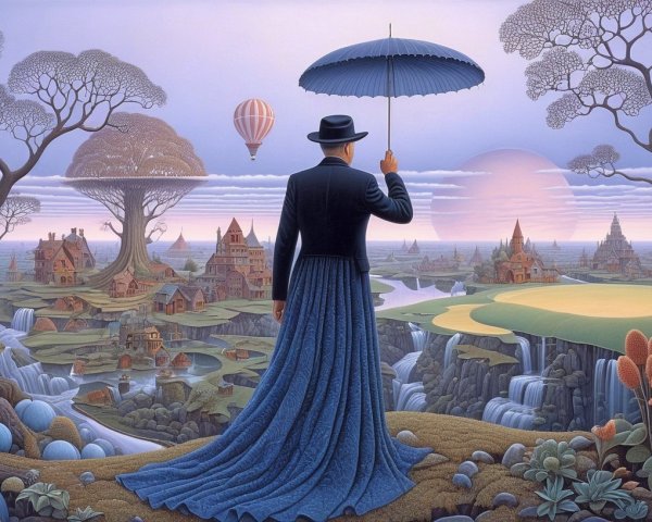 Surreal Landscape with Umbrella and Whimsical Elements