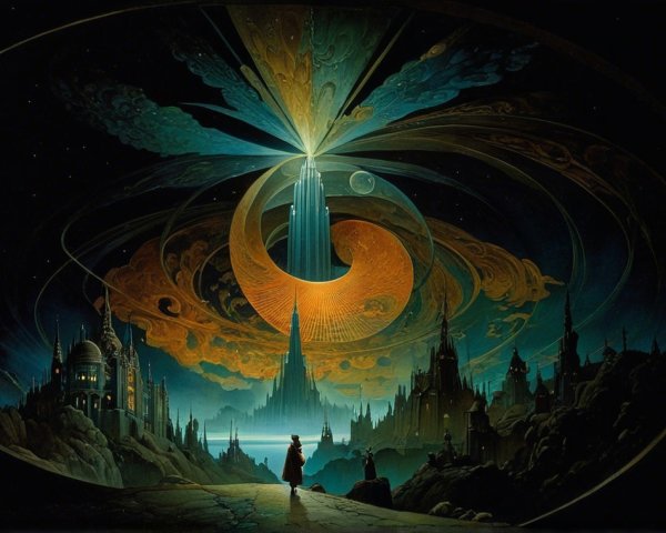 Surreal Landscape with Turquoise Glow and Vortex