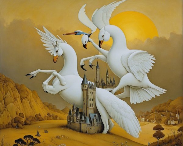 Surrealist Painting of Swan-Like Creatures and Castle