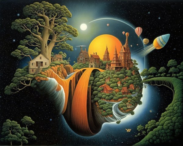 Floating Island Landscape with Waterfall and Castles