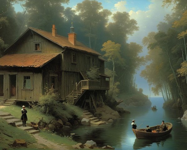 Rustic House by Riverbank in Serene Landscape