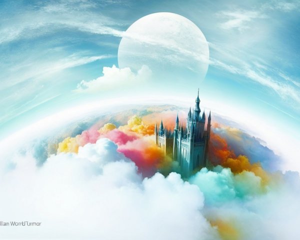 Majestic castle among vibrant clouds and serene sky