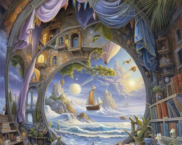 Whimsical Landscape Viewed Through Circular Window