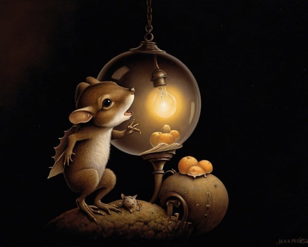 Whimsical scene with mice, lamp, and oranges