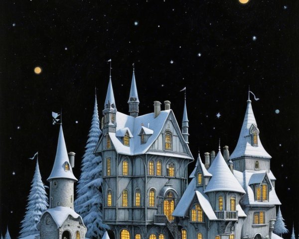 Whimsical Winter Scene with Frosty Castle and Planets