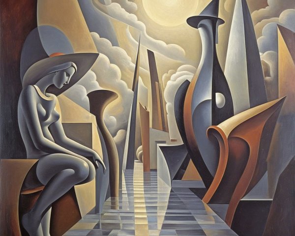 Surreal Landscape with Abstract Structures and Figure