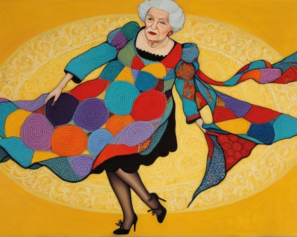 Vibrant Painting of an Older Woman in Patchwork Dress
