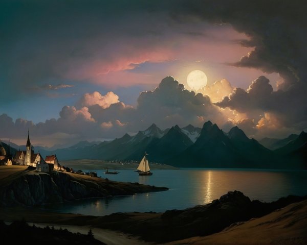 Twilight Lake Scene with Mountains and Village